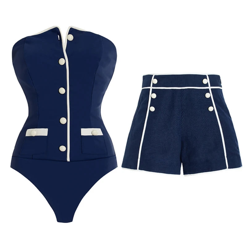 Blauw Badpak met Shorts | Vintage Flaxmaker Look