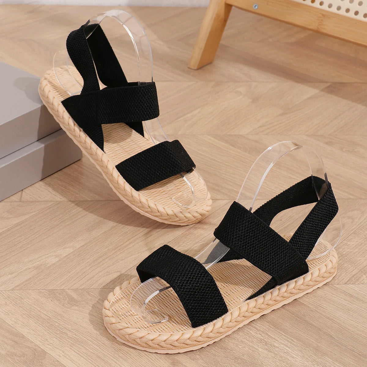 Dames Lichtgewicht Zomersandalen met Elastische Band | Comfortabele Platte Slippers – Zwart