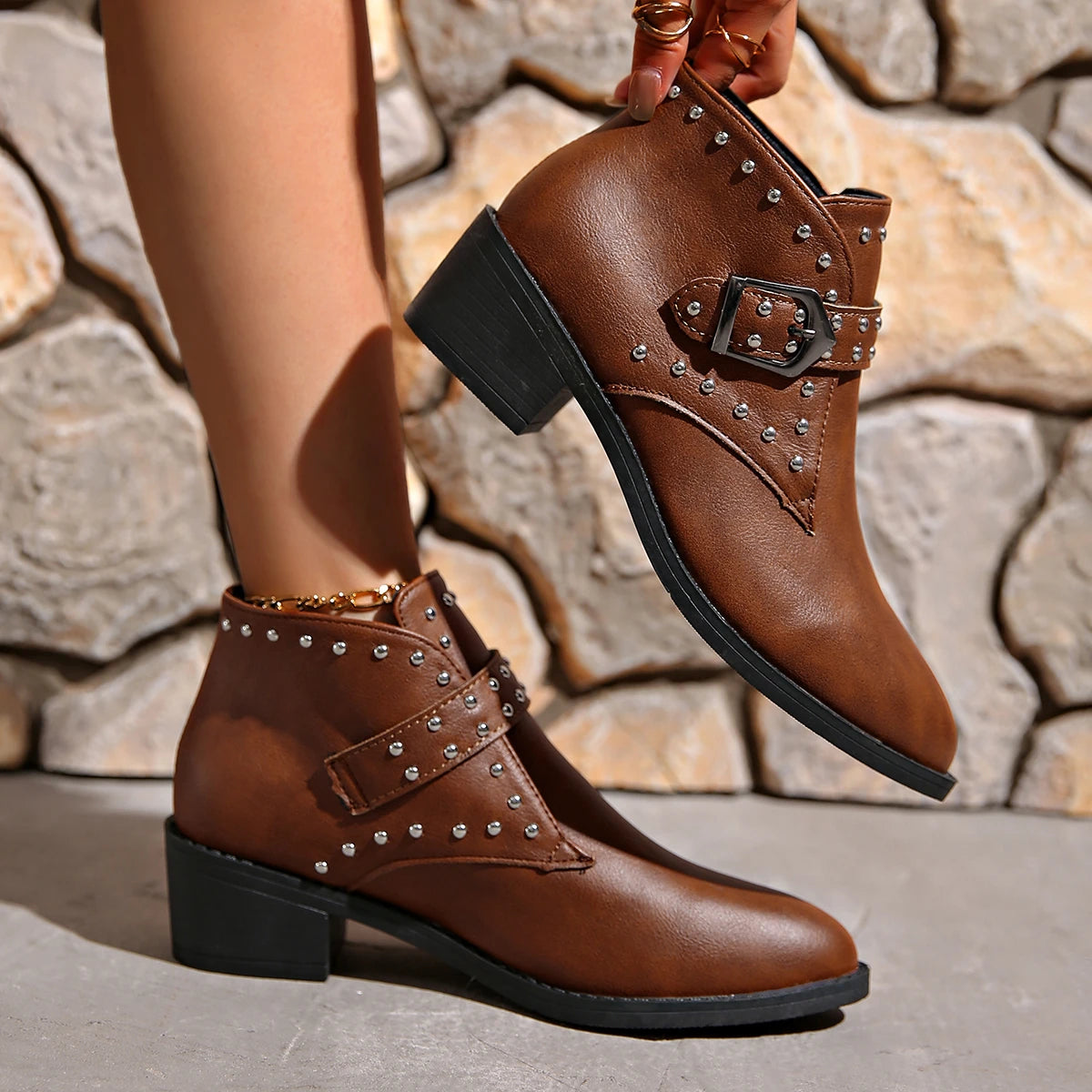 Women’s Retro Rivet Ankle Motorcycle Boots | Pointed Toe Thick Heel