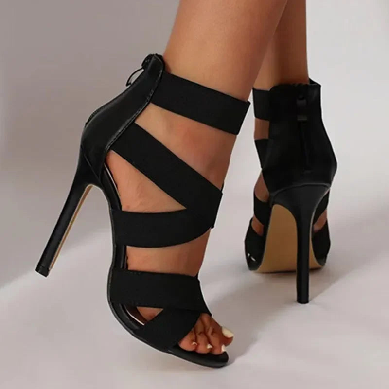 Zwarte Strap Stiletto’s met Ritssluiting – Super Hoge Hakken met Platform | Elegant & Sexy | Voor Feest & Zomer