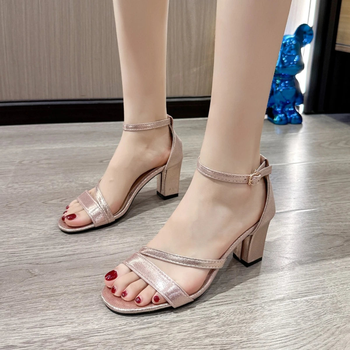 Dames Elegante Sandalen met Blokhak – Zomerse Open Hakken met Enkelbandje