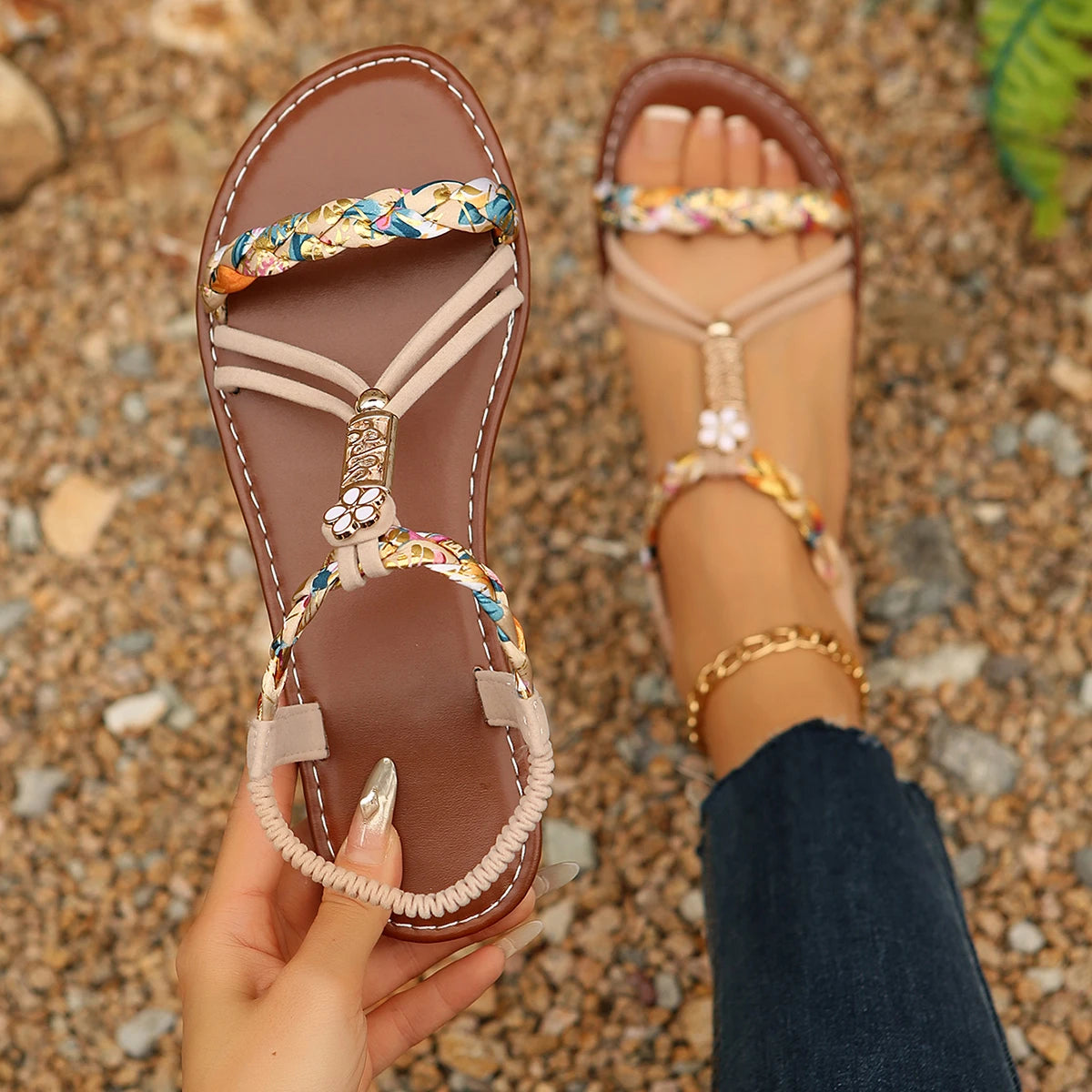 Women’s Gladiator Flat Sandals | Summer Floral Elastic Back Strap Sandals with Color Block Details