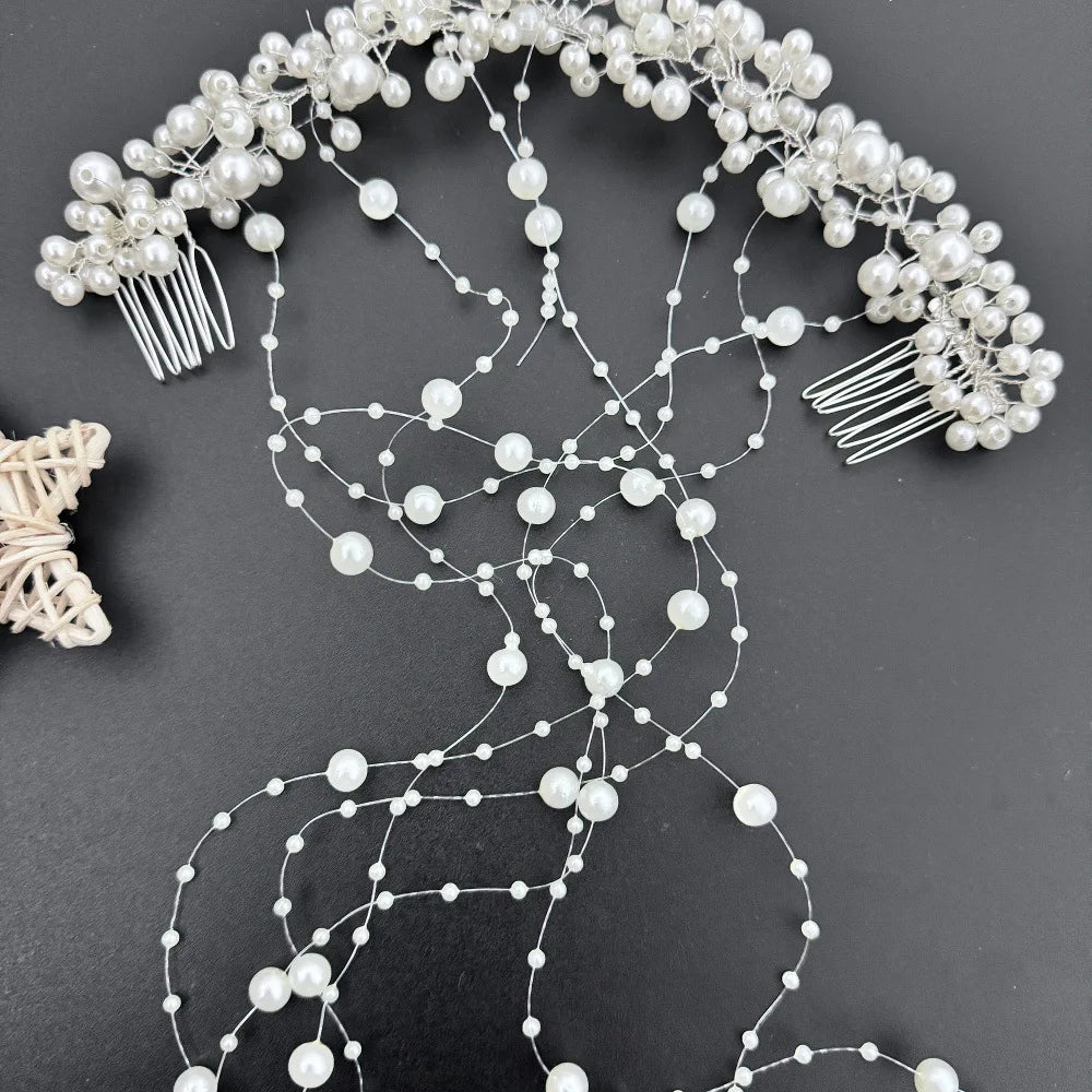 Parel Bruids Haaraccessoire – Handgemaakte Trouw Haarband met Kammen en Wavy Tassel Versiering
