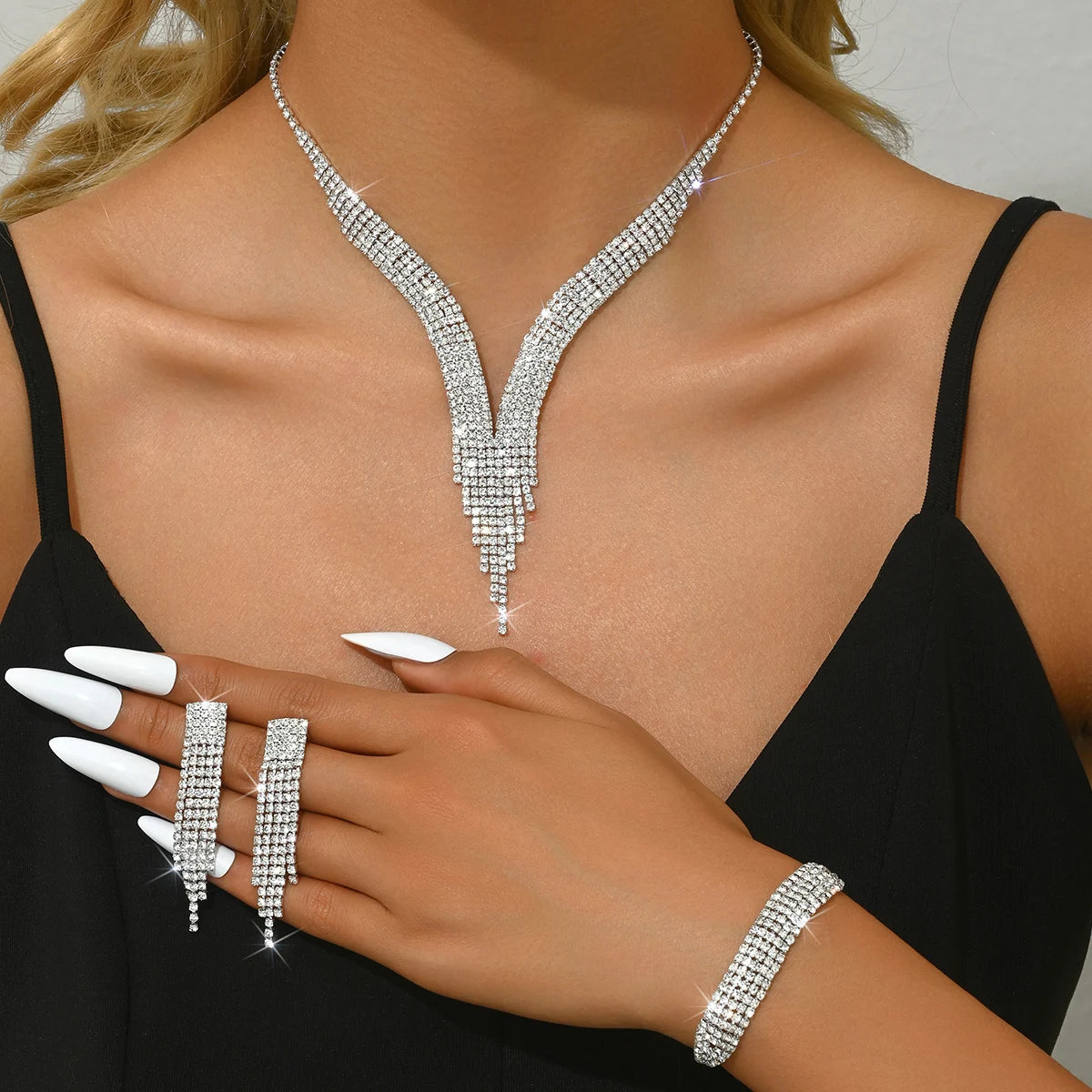 Women’s 4-Piece Jewelry Set | Rhinestone Tassel Necklace, Earrings & Bracelet