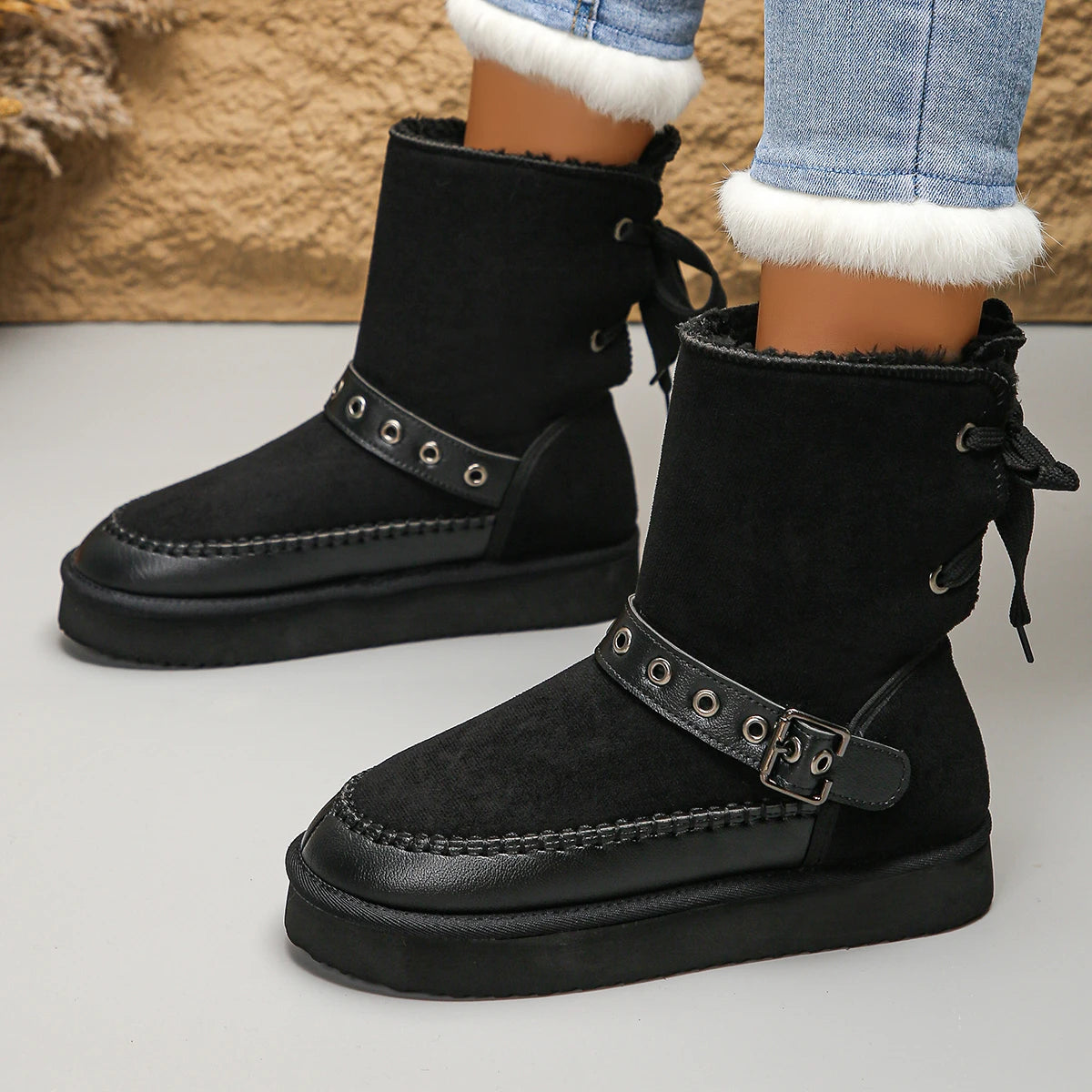 Women’s Snow Boots Winter 2025 | Ankle Boots with Rear Lacing & Buckle Detail