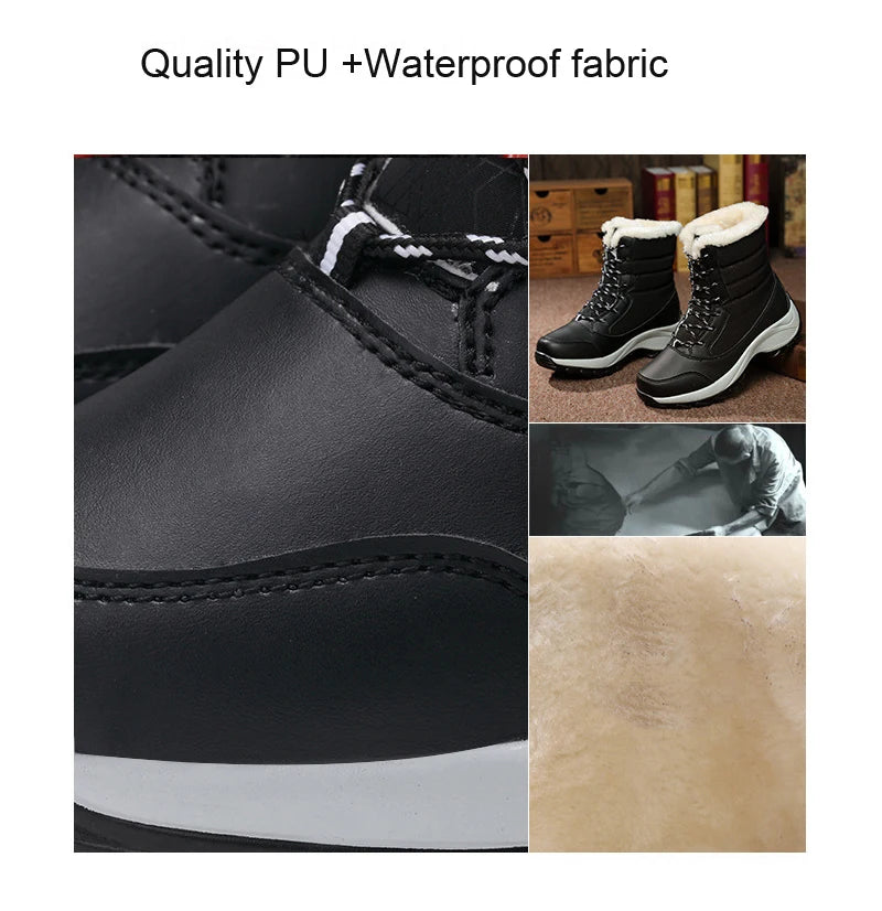 Warme Dames Winterlaarzen met Vetersluiting – Snowboots met Bontvoering | Waterafstotend PU | Antislip Zool | Zwart