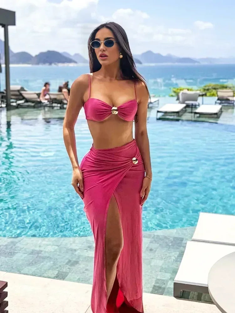 3-Piece Bikini Set with Split Skirt | Sexy Summer Swimsuit with Ring Detail