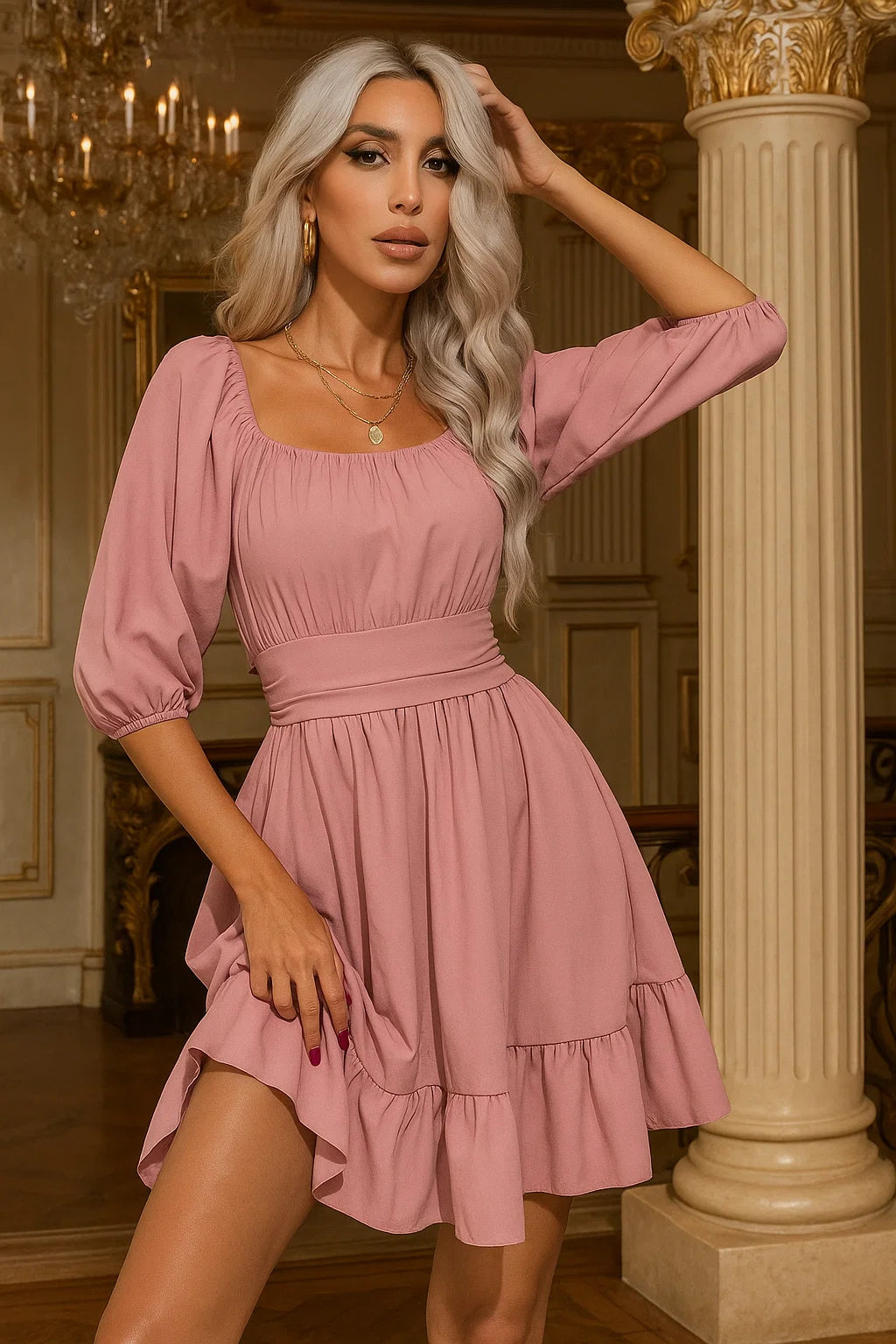 Zomerse Damesjurk met Vierkante Hals – Mini A-Lijn met Pofmouwtjes