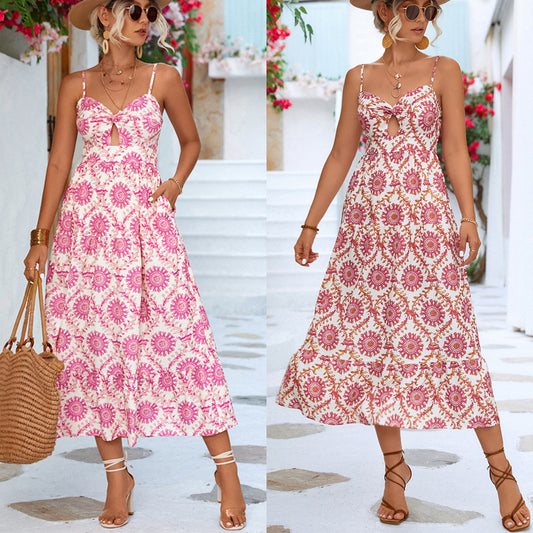 Summer 2025 A-line Floral-Strap Dress – Pink